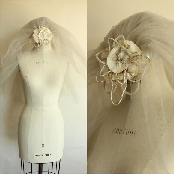 Vintage 1940s 1950s Bridal Veil With Tulle And Pearl Trim, Winter White Blusher - Picture 1 of 10